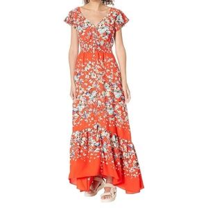 Miss Me Floral Orange Tiered Long Maxi Dress with Elastic Wiast